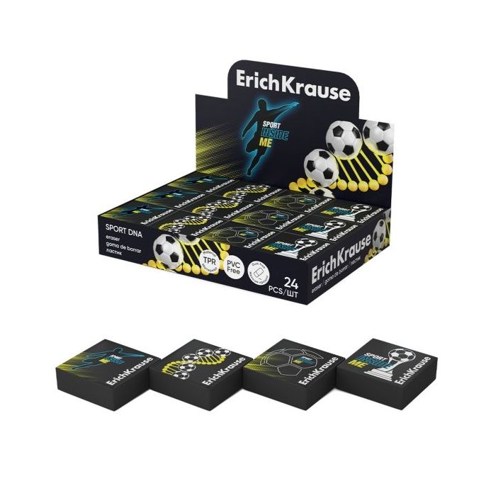 ErichKrause Sport DNA Expositor con 24 Gomas de Borrar - Caucho Termoplastico - No Deja Residuos - No Rasga el Papel - Libre de