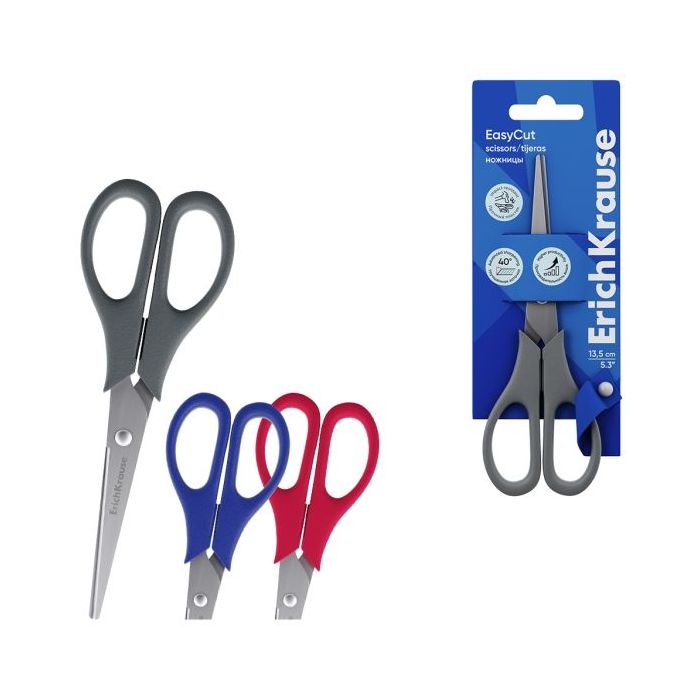 ErichKrause EasyCut Tijeras de 13.5cm - Mangos de Plastico Resistente a Golpes - Ergonomicas - Colores Surtidos