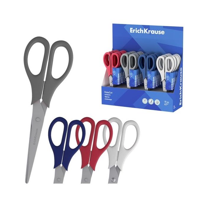 ErichKrause EasyCut Expositor con 24 Tijeras de 17cm - Mangos de Plastico Resistente a Golpes - Ergonomicas - Colores Surtidos