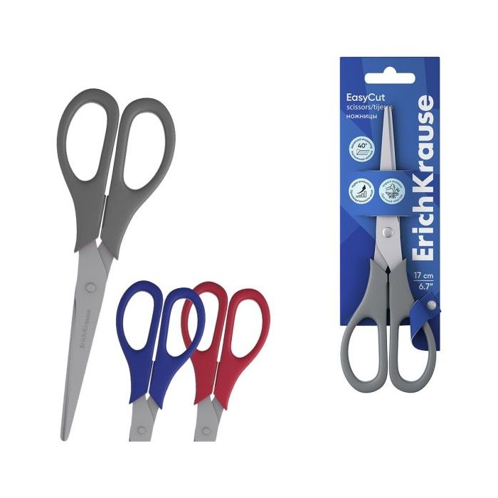 ErichKrause EasyCut Tijeras de 17cm - Mangos de Plastico Resistente a Golpes - Ergonomicas - Colores Surtidos