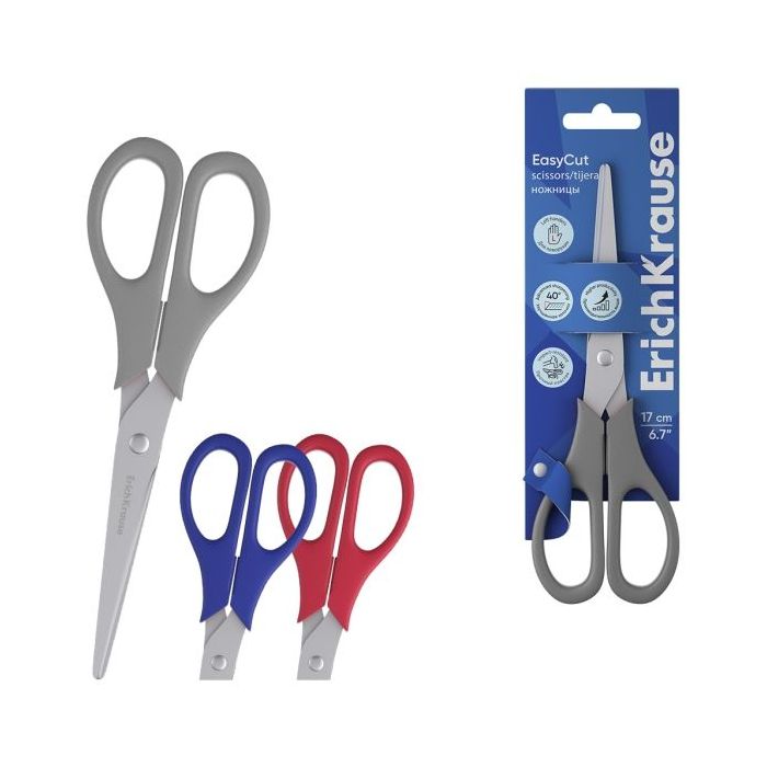ErichKrause EasyCut Tijeras de 17cm para Zurdos - Mangos de Plastico Resistente a Golpes - Ergonomicas - Colores Surtidos