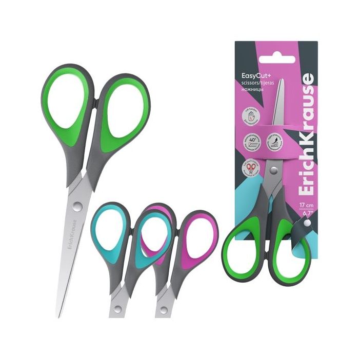 ErichKrause EasyCut + Tijeras de 17cm para Zurdos - Mangos de Plastico y Goma Antideslizante - Ergonomicas - Acero Inoxidable -