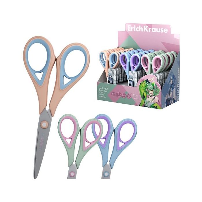 ErichKrause Endeavor Manga Expositor con 24 Tijeras de 16cm - Mangos de Plastico y Goma Antideslizante - Cuchillas en Forma de A