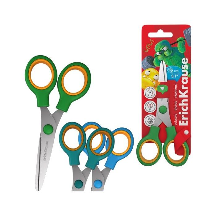 ErichKrause Junior Softy Jolly Friends Tijeras de 13cm - Puntas Redondeadas - Mango de Plastico y Goma Antideslizante - Colores