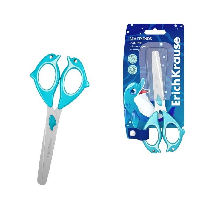ErichKrause Sea Friends Dolphin Tijeras de 13.5cm - Puntas Redondeadas - Mangos de Plastico Resistente a Golpes con Forma - Acer