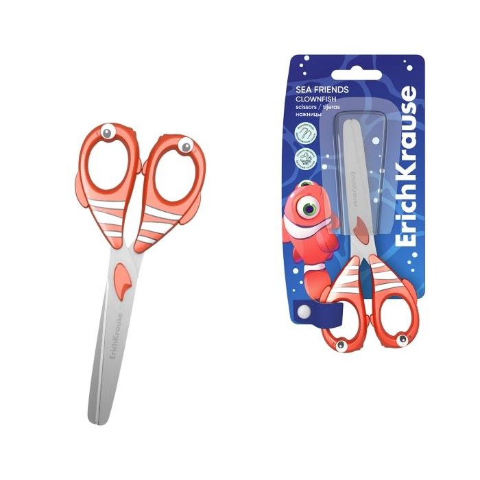 ErichKrause Sea Friends Clownfish Tijeras de 13.5cm - Puntas Redondeadas - Mangos de Plastico Resistente a Golpes con Forma - Ac