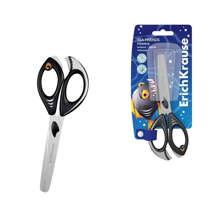 ErichKrause Sea Friends Piranha Tijeras de 14.5cm - Puntas Redondeadas - Mangos de Plastico Resistente a Golpes con Forma - Acer
