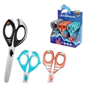 ErichKrause Sea Friends Expositor con 24 Tijeras de 14.5cm - Puntas Redondeadas - Mangos de Plastico Resistente a Golpes con For