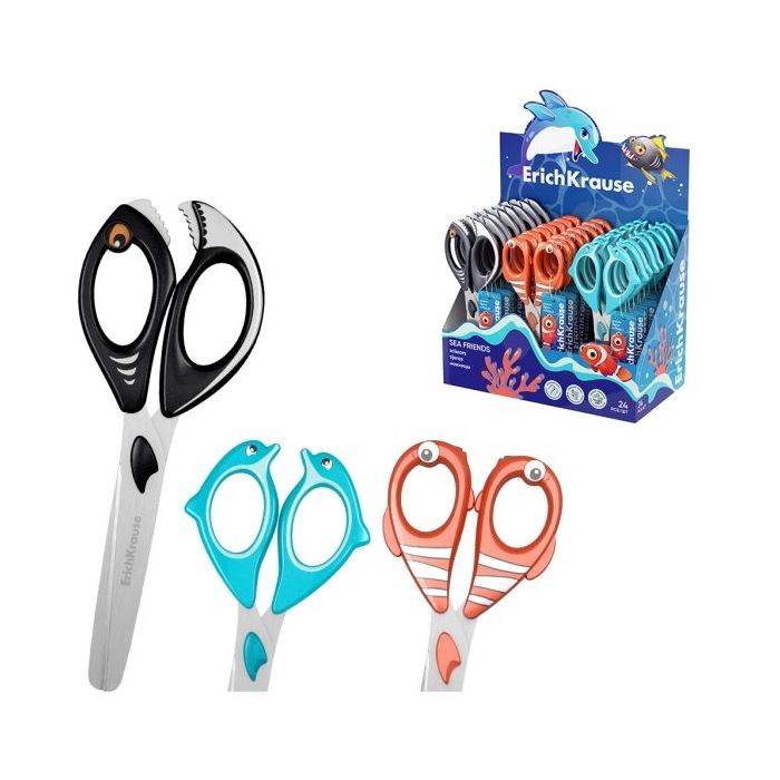 ErichKrause Sea Friends Expositor con 24 Tijeras de 14.5cm - Puntas Redondeadas - Mangos de Plastico Resistente a Golpes con For