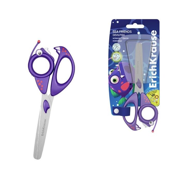 ErichKrause Sea Friends Devilfish Tijeras de 14.5cm - Puntas Redondeadas - Mangos de Plastico Resistente a Golpes con Forma - Ac