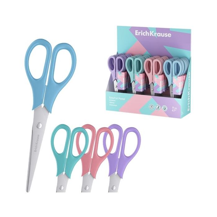 ErichKrause EasyCut Pastel Expositor con 24 Tijeras de 17cm - Mangos de Plastico Resistente a Golpes - Ergonomicas - Colores Sur
