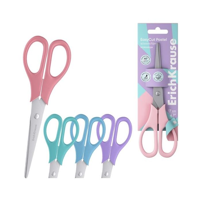 ErichKrause EasyCut Pastel Tijeras de 17cm - Mangos de Plastico Resistente a Golpes - Ergonomicas - Colores Surtidos