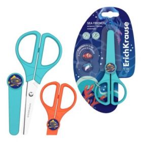 ErichKrause Sea Friends Protect Tijeras de 13cm - Puntas Redondeadas - Funda Protectora - Incluye 3 Pegatinas - Acero Inoxidable