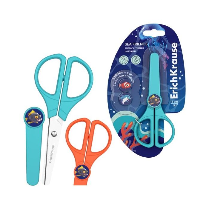 ErichKrause Sea Friends Protect Tijeras de 13cm - Puntas Redondeadas - Funda Protectora - Incluye 3 Pegatinas - Acero Inoxidable