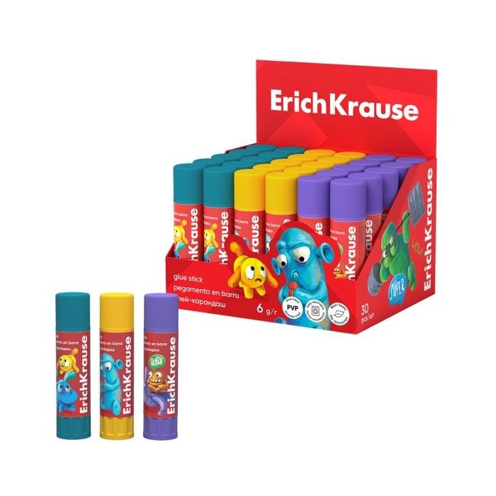 ErichKrause EasyStick Jolly Friends Expositor con 30 Pegamentos en Barra - 6g - Multisuperficie - Color Blanco