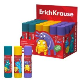ErichKrause EasyStick Jolly Friends Expositor con 24 Pegamentos en Barra - 13g - Adhesion Fuerte - Multisuperficie - Color Blanc