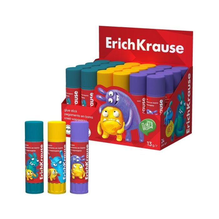 ErichKrause EasyStick Jolly Friends Expositor con 24 Pegamentos en Barra - 13g - Adhesion Fuerte - Multisuperficie - Color Blanc