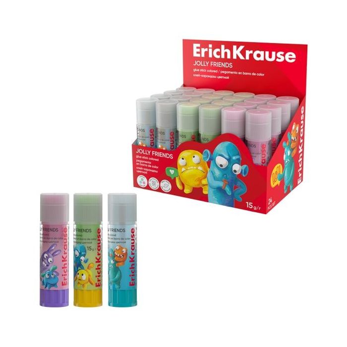 ErichKrause EasyStick Jolly Friends Expositor con 24 Pegamentos en Barra - 15g - Multisuperficie - Colores Surtidos