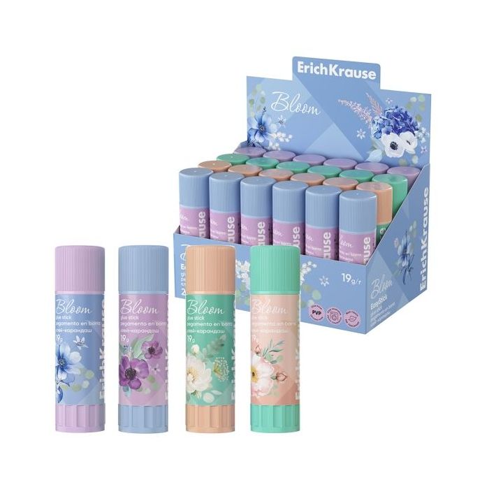 ErichKrause EasyStick Pastel Bloom Expositor con 24 Pegamentos en Barra - 19g - Adhesion Fuerte - Multisuperficie - Color Blanco