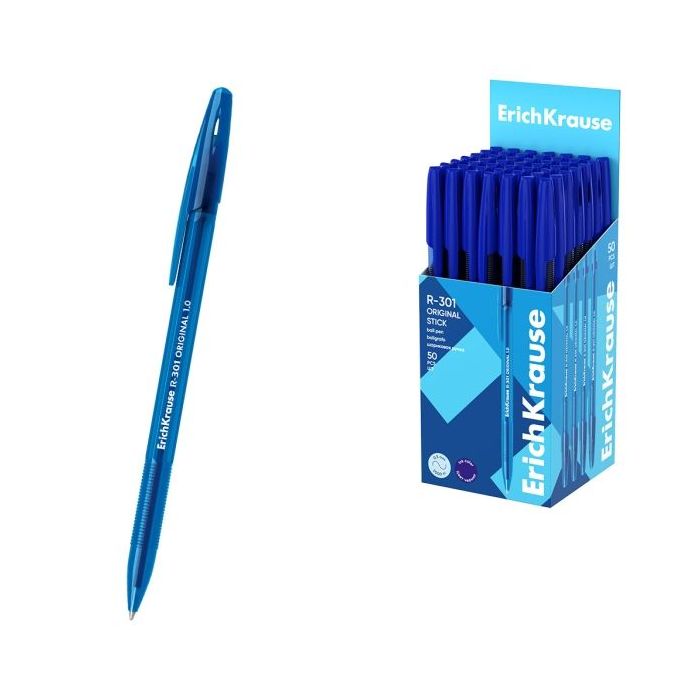 ErichKrause R-301 Stick Original Boligrafo con Capuchon - Punta de 1.0mm - Cuerpo Transparente - Trazo 0.5mm - Tinta de Secado R
