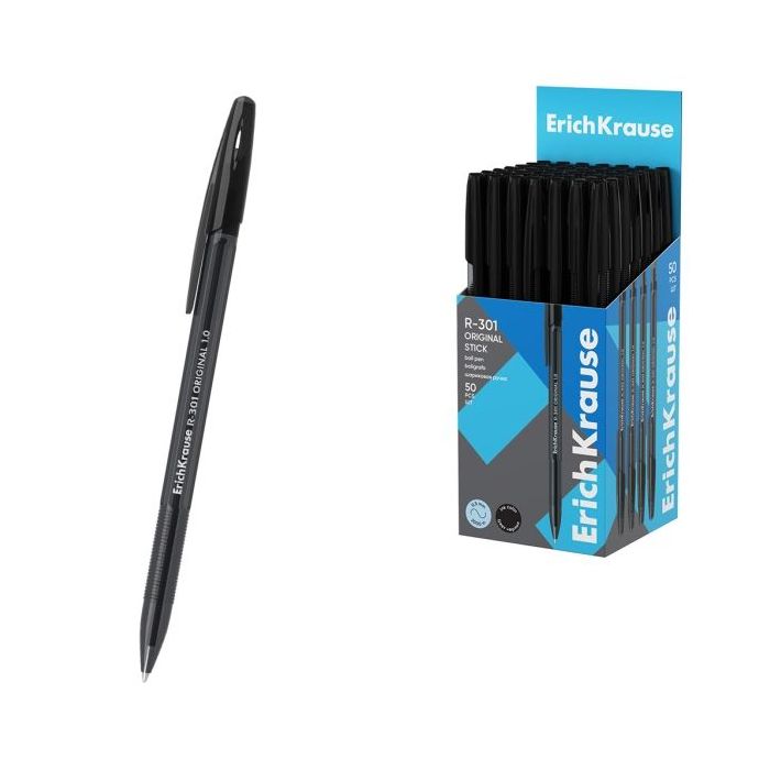 ErichKrause R-301 Stick Original Boligrafo con Capuchon - Punta de 1.0mm - Cuerpo Transparente - Trazo 0.5mm - Tinta de Secado R