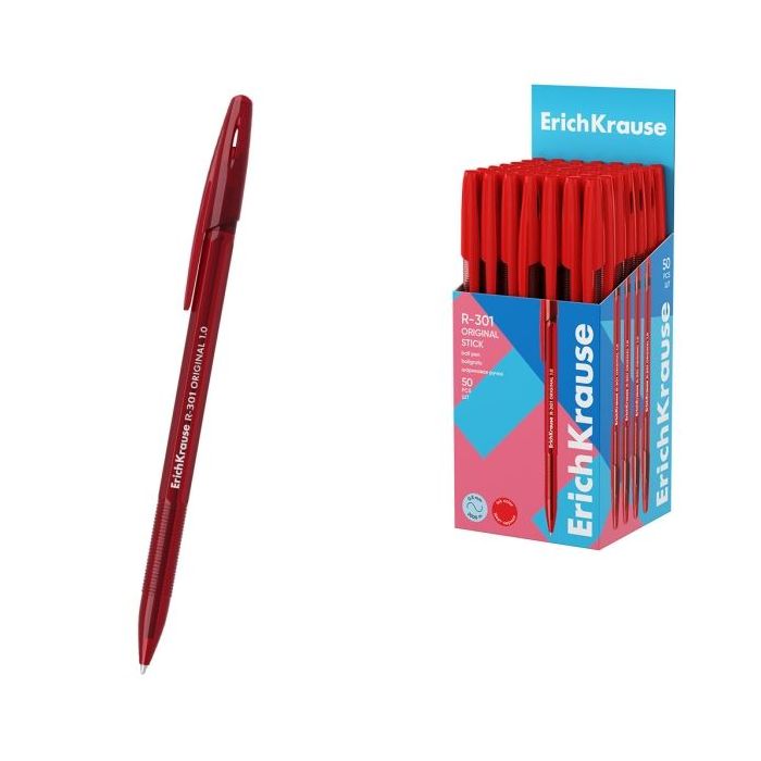 ErichKrause R-301 Stick Original Boligrafo con Capuchon - Punta de 1.0mm - Cuerpo Transparente - Trazo 0.5mm - Tinta de Secado R