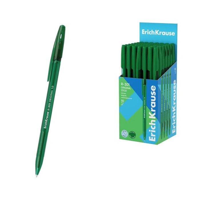 ErichKrause R-301 Stick Original Boligrafo con Capuchon - Punta de 1.0mm - Cuerpo Transparente - Trazo 0.5mm - Tinta de Secado R