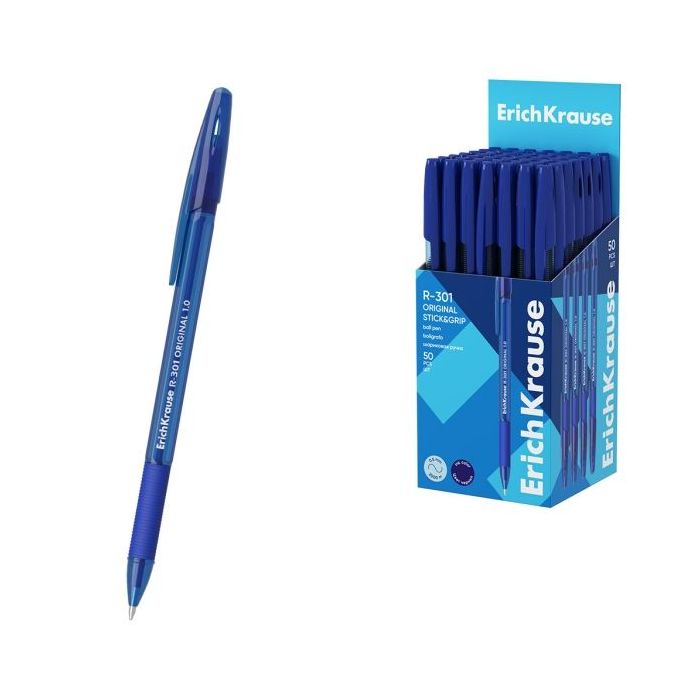 ErichKrause R-301 Stick and Grip Original Boligrafo con Capuchon - Punta de 1.0mm - Cuerpo Transparente - Trazo 0.5mm - Zona de