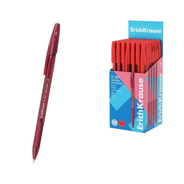 ErichKrause R-301 Stick and Grip Original Boligrafo con Capuchon - Punta de 1.0mm - Cuerpo Transparente - Trazo 0.5mm - Zona de