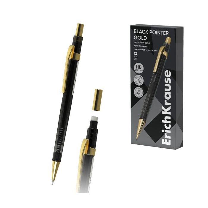 ErichKrause Black Pointer Gold Portaminas - Mina HB de 0.5mm - Goma de Borrar Integrada - Color Negro