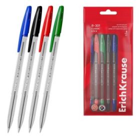ErichKrause R-301 Stick Classic Pack de 8 Boligrafos con Capuchon - Punta de 1.0mm - Cuerpo Transparente - Trazo 0.5mm - Tinta d