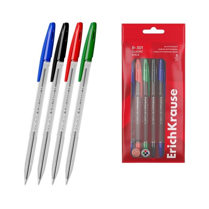 ErichKrause R-301 Stick Classic Pack de 8 Boligrafos con Capuchon - Punta de 1.0mm - Cuerpo Transparente - Trazo 0.5mm - Tinta d