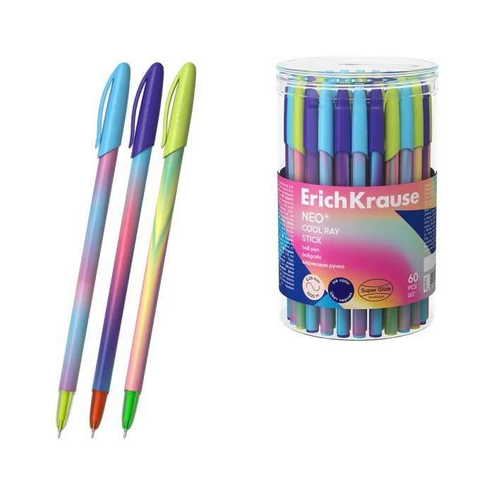 ErichKrause Neo Stick Cool Ray Boligrafo con Capuchon - Modelos Surtidos - Trazo 0.26mm - Tinta de Baja Viscosidad - Tapa Ventil