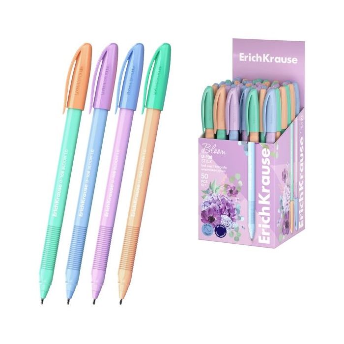 ErichKrause U-108 Stick Pastel Bloom Boligrafo con Capuchon - Punta de 1.0mm - Trazo 0.3mm - Zona de Agarre de Goma - Tinta de B