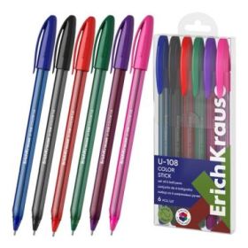 ErichKrause U-108 Stick Color Pack de 6 Boligrafos con Capuchon - Punta de 1.0mm - Trazo 0.3mm - Tinta de Baja Viscosidad - Tapa