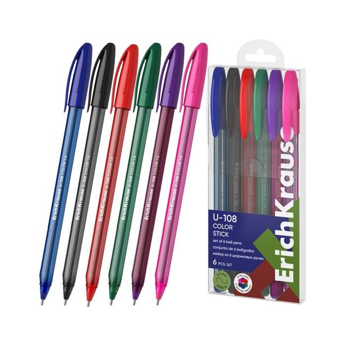 ErichKrause U-108 Stick Color Pack de 6 Boligrafos con Capuchon - Punta de 1.0mm - Trazo 0.3mm - Tinta de Baja Viscosidad - Tapa