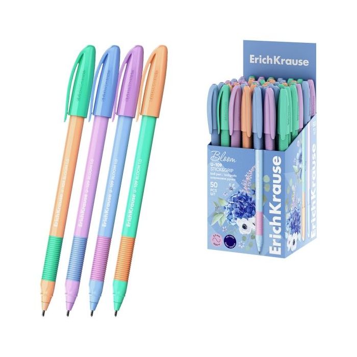 ErichKrause U-109 Stick and Grip Pastel Bloom Boligrafo con Capuchon - Modelos Surtidos - Trazo 0.3mm - Zona de Agarre de Goma -