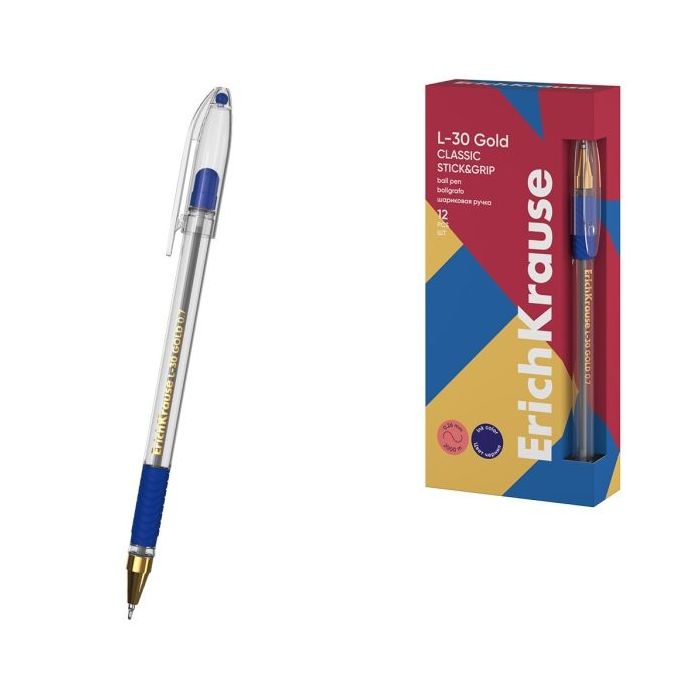 ErichKrause L-30 Gold Stick and Grip Classic Boligrafo con Capuchon - Punta de Aguja 0.7mm - Cuerpo Transparente - Trazo 0.26mm