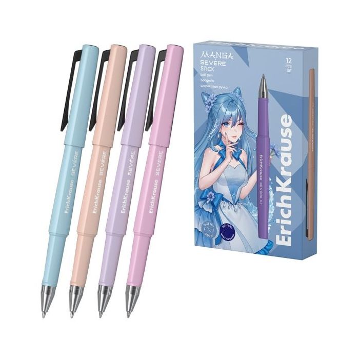 ErichKrause Severe Stick Manga Boligrafo con Capuchon - Modelos Surtidos - Trazo 0.28mm - Tinta de Secado Rapido - Color Azul