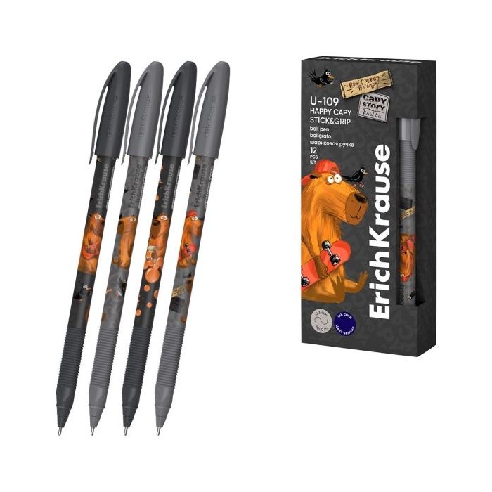 ErichKrause U-109 Stick and Grip Happy Capy Boligrafo con Capuchon - Modelos Surtidos - Trazo 0.3mm - Zona de Agarre de Goma - T