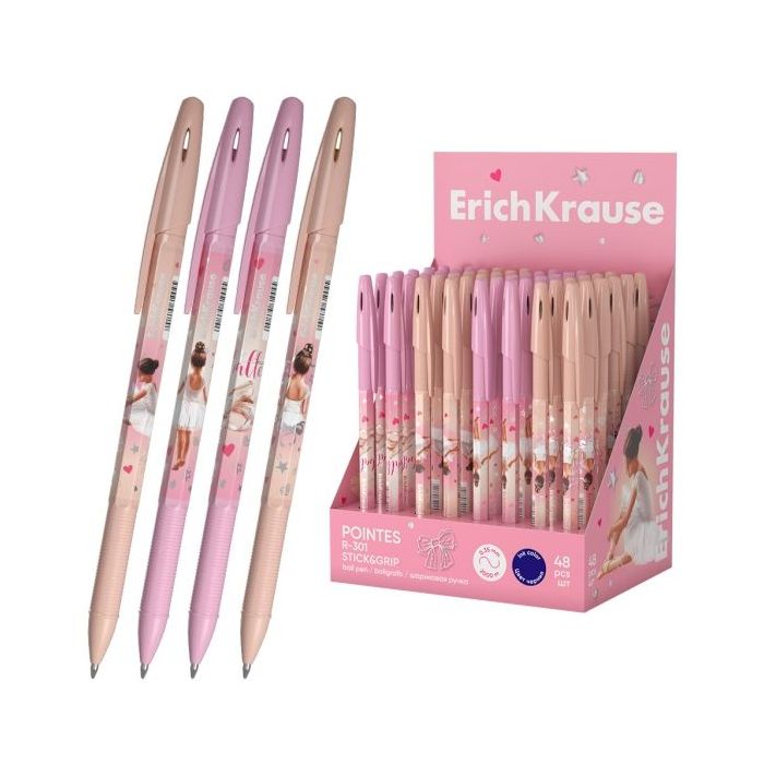ErichKrause R-301 Stick and Grip Pointes Expositor con 48 Boligrafos con Capuchon - Modelos Surtidos - Trazo 0.35mm - Zona de Ag