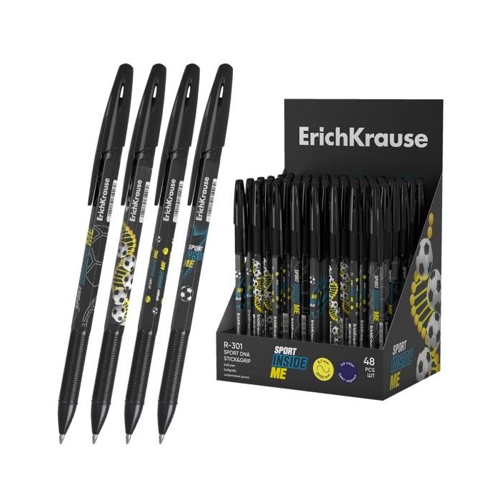 ErichKrause R-301 Stick and Grip Sport DNA Expositor con 48 Boligrafos con Capuchon - Modelos Surtidos - Trazo 0.35mm - Zona de