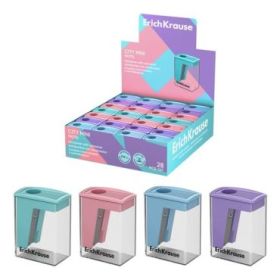 ErichKrause City Mini Expositor con 28 Sacapuntas con Contenedor - Plastico - Cuchilla Niquelada de Acero al Carbono - Orificio