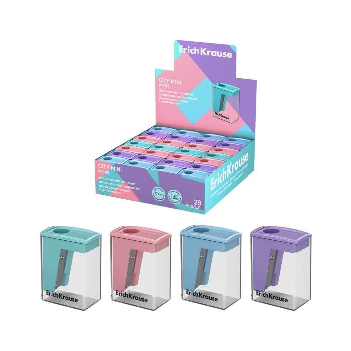 ErichKrause City Mini Expositor con 28 Sacapuntas con Contenedor - Plastico - Cuchilla Niquelada de Acero al Carbono - Orificio