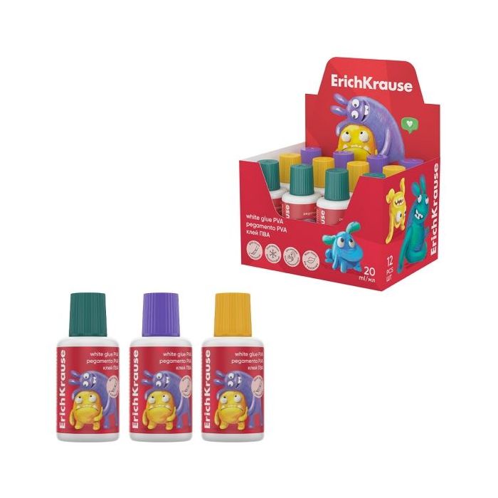 ErichKrause Jolly Friends Expositor con 12 Botellas de Cola Blanca PVA - Pincel Integrado - 20ml - No Toxico - Facil de Lavar -