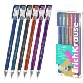 ErichKrause G-Cube Stick Metallic Pack de 6 Boligrafos con Capuchon - Punta de 1.0mm - Trazo 0.9mm - Tapa Ventilada - Colores Su