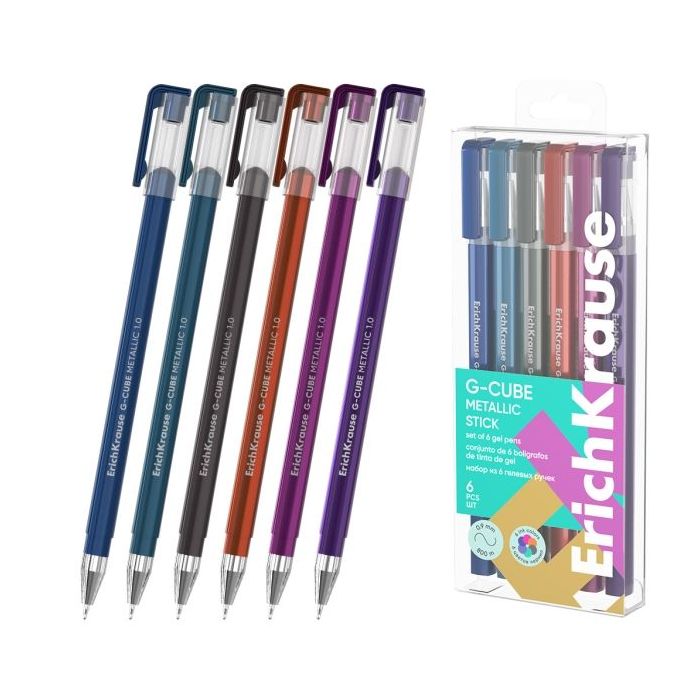 ErichKrause G-Cube Stick Metallic Pack de 6 Boligrafos con Capuchon - Punta de 1.0mm - Trazo 0.9mm - Tapa Ventilada - Colores Su