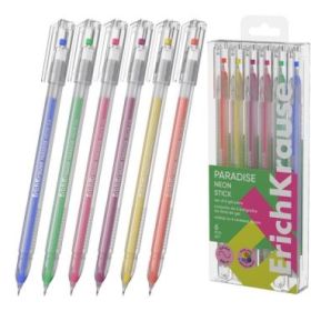 ErichKrause Paradise Stick Neon Pack de 6 Boligrafos con Capuchon - Punta de 0.6mm - Cuerpo Transparente - Trazo 0.5mm - Tinta d