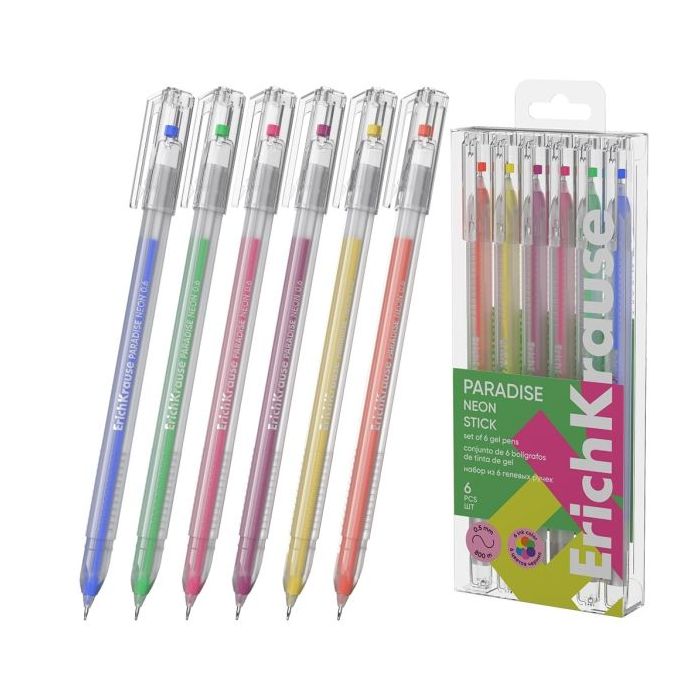 ErichKrause Paradise Stick Neon Pack de 6 Boligrafos con Capuchon - Punta de 0.6mm - Cuerpo Transparente - Trazo 0.5mm - Tinta d