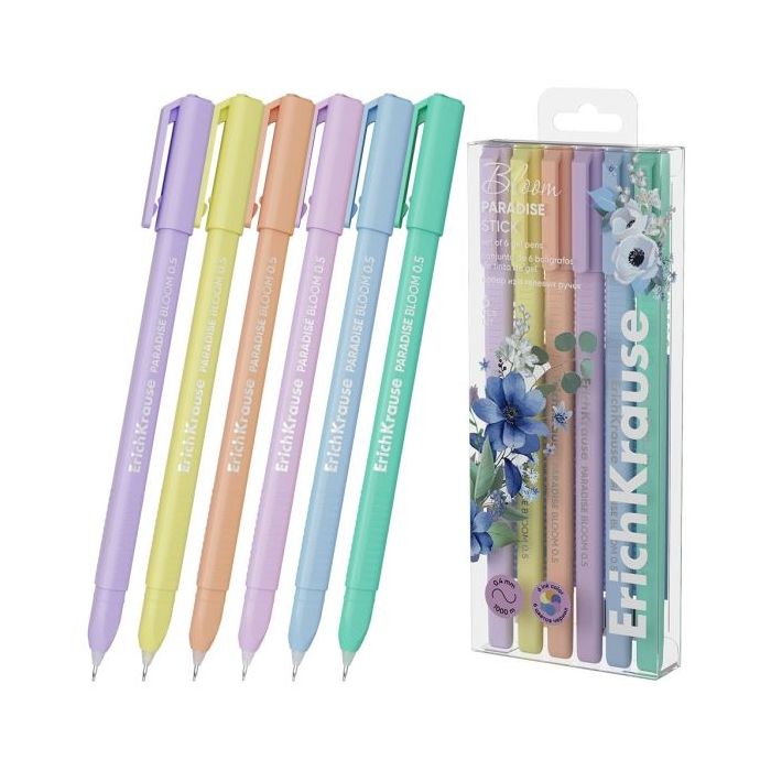 ErichKrause Paradise Stick Pastel Bloom Pack de 6 Boligrafos con Capuchon - Punta de 0.5mm - Trazo 0.4mm - Tapa Ventilada - Colo